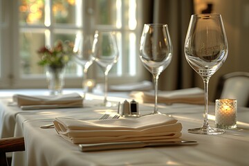 Elegant dining setup with wine glasses, white tablecloth, and soft candlelight.