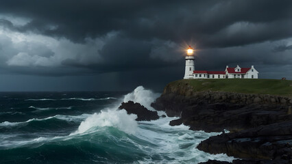 A light house with storm clouds with rough sea
