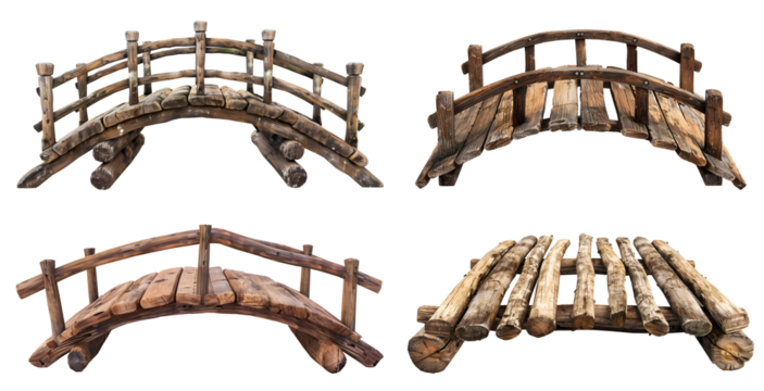 Set collection of arch rustic wooden wood suspended suspension bridge footbridge boardwalk front view on transparent cutout PNG file. Many different style. Mockup template for design