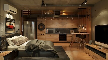 Studio apartment garage conversion with a compact living space and modern amenities