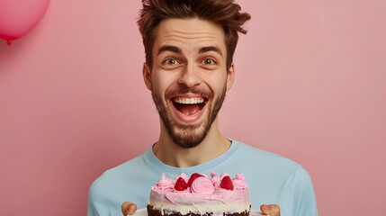 A joyful man holds a cake with pink frosting and cherries, smiling widely against a pink background. His excitement captures the celebratory mood of the moment.