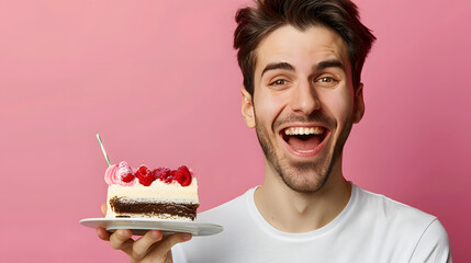 A cheerful man with a wide smile holds a slice of cake with cherries and pink frosting against a pink background. His happy expression reflects the delight of enjoying a sweet treat.
