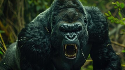 Big black gorilla, silverback, roaring in the jungle. Powerful and aggressive animal display, resembling King Kong