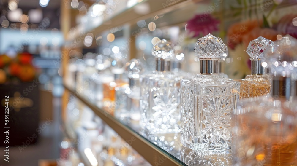 Poster a row of perfume bottles on a shelf in a store