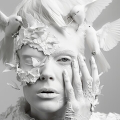 Abstract Metamorphosis: Woman with Doves and Cracked Texture