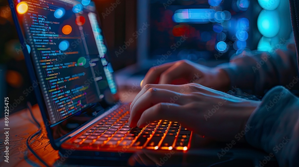 Poster a side view of a person typing on a laptop, with a focus on their hands and the keyboard, code visib