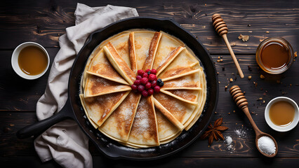 Creative food template. A rustic stovetop skillet pan of Crêpe Crêpes