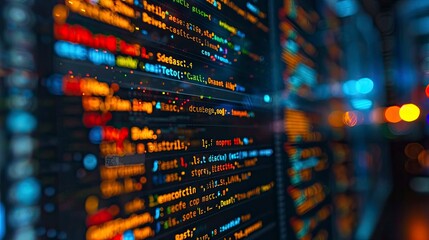 A close-up view of a computer screen displaying lines of code in a dark-themed code editor, with colorful syntax highlighting and a cursor blinking, symbolizing active coding.