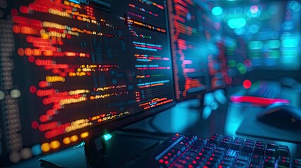 A close-up view of a computer screen displaying lines of code in a dark-themed code editor, with colorful syntax highlighting and a cursor blinking, symbolizing active coding.