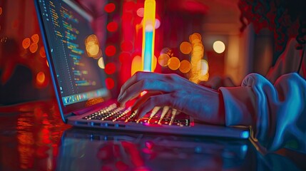 A side view of a person typing on a laptop, with a focus on their hands and the keyboard, code visible on the screen.