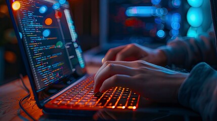 A side view of a person typing on a laptop, with a focus on their hands and the keyboard, code visible on the screen.