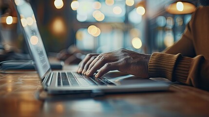 A side view of a person typing on a laptop, with a focus on their hands and the keyboard, code visible on the screen.