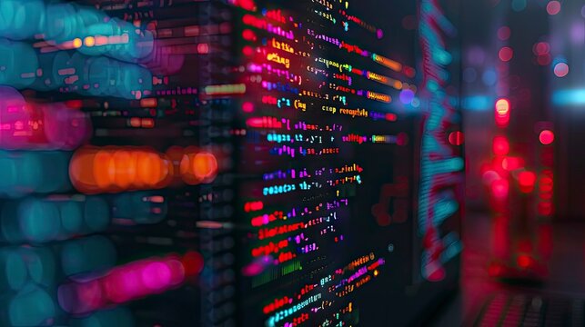 A close-up view of a computer screen displaying lines of code in a dark-themed code editor, with colorful syntax highlighting and a cursor blinking, symbolizing active coding.