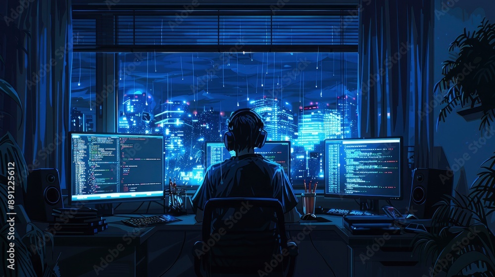 Poster a night-time scene of a programmer working late, illuminated by the light from their monitors, deep 