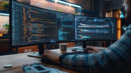 A close-up of a pair of hands coding on a desktop computer with dual monitors, one showing a code editor and the other displaying a running application.