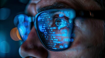 A close-up of a developer's face with reflections of code visible in their glasses, highlighting intense concentration.
