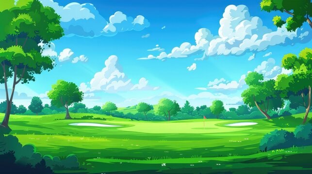 Cartoon illustration of a green grass golf course with trees, under a blue daytime sky with white clouds. Vibrant and playful landscape