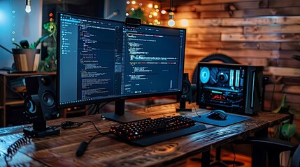 A dual-screen setup with one monitor showing a code editor and the other displaying real-time data or analytics.