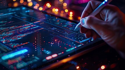 A close-up of code being written on a tablet with a stylus, showcasing the versatility of coding platforms.