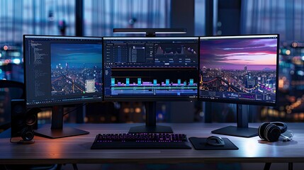 A dual-screen setup with one monitor showing a code editor and the other displaying real-time data or analytics.