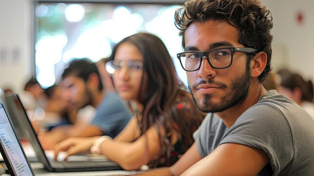 A coding bootcamp classroom with students attentively following along with the instructor, coding on their laptops.