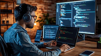 An image of a coder using multiple devices simultaneously, with a laptop, tablet, and smartphone all part of the coding workflow.