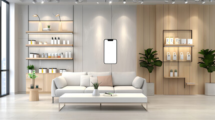 A minimalist and modern store interior design with light wood elements, white walls, 