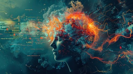 A creative depiction of a coder's brain with code snippets and algorithms intertwining, symbolizing the mental processes involved in coding.