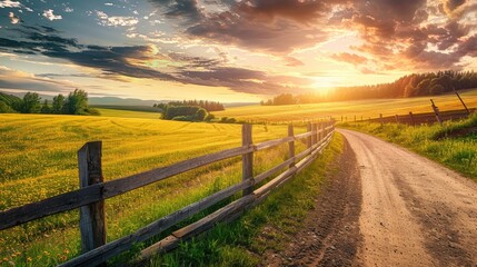 Countryside road at sunset, wooden fence framing the scene, with vibrant yellow and green fields. Peaceful agricultural panorama