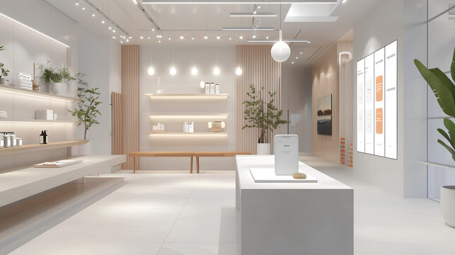 A minimalist and modern high-end skincare store, with white walls and wooden elements.