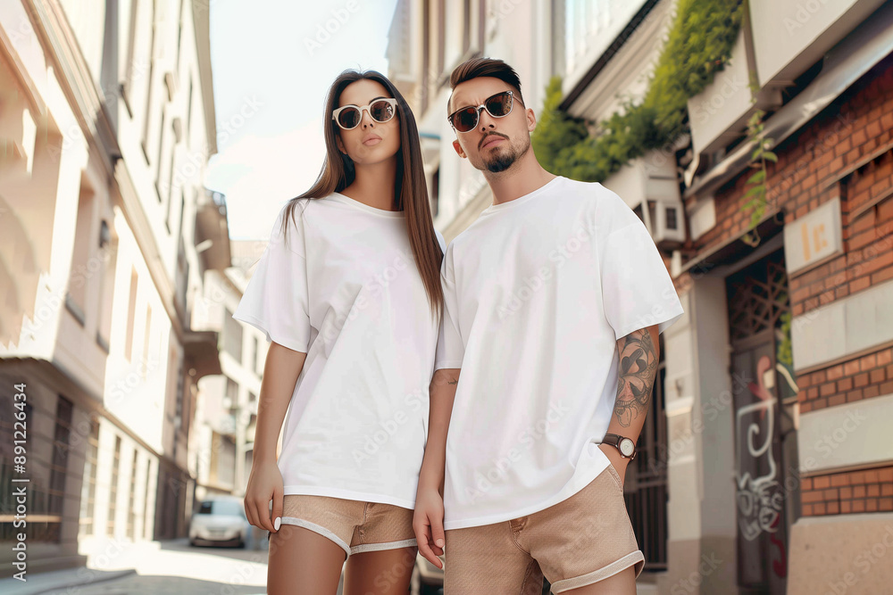 Canvas Prints Man and woman wearing blank white t-shirt