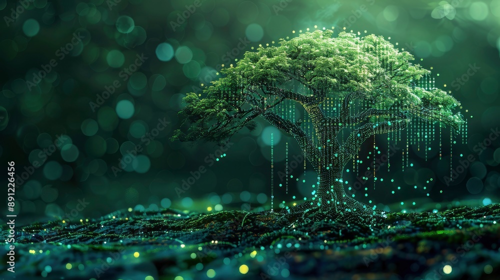 Poster a creative concept showing code integrated into nature, like code lines forming the branches of a tr