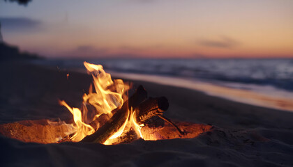 Blazing campfire on the sandy beach by the sea.