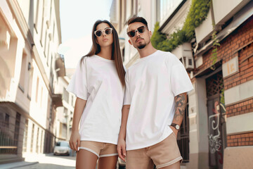 Man and woman wearing blank white t-shirt