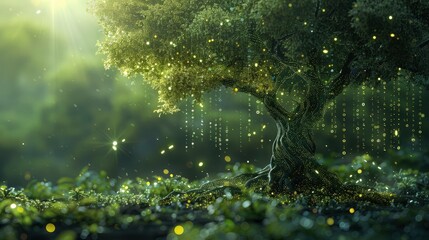 A creative concept showing code integrated into nature, like code lines forming the branches of a tree, symbolizing the harmony between technology and the environment.