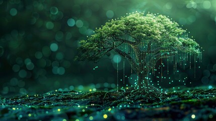 A creative concept showing code integrated into nature, like code lines forming the branches of a tree, symbolizing the harmony between technology and the environment.