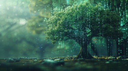 A creative concept showing code integrated into nature, like code lines forming the branches of a tree, symbolizing the harmony between technology and the environment.