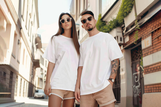Man and woman wearing blank white t-shirt