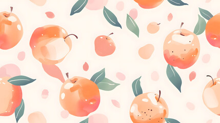Soft and charming seamless watercolor pattern featuring peaches with green leaves on a light background. Perfect for summer-themed textiles, wallpapers, and creative designs.