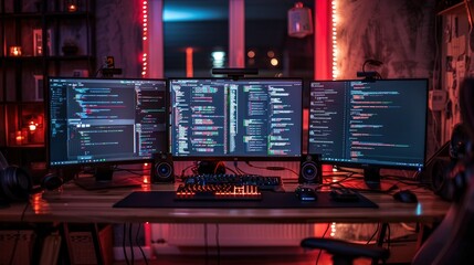 A high-energy photo of a developer debugging code, with intense focus and multiple monitors displaying logs and error messages.