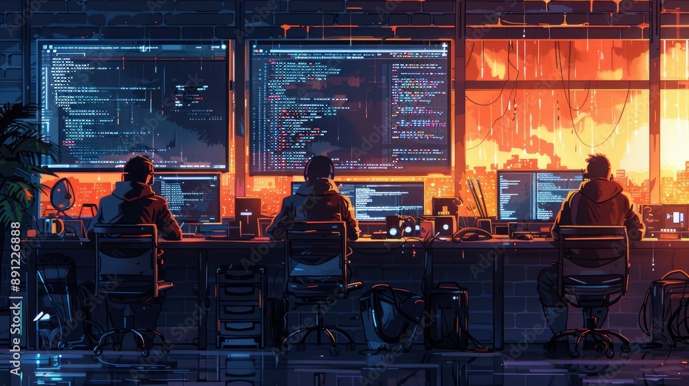 Poster an image of a coding marathon, with developers working non-stop, fueled by coffee and snacks, pushin