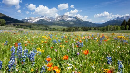 Wildflower meadow with a mountain backdrop in spring