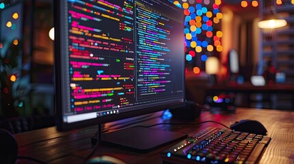 A close-up of a monitor displaying a complex algorithm, with colorful annotations and comments explaining the logic.