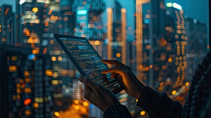An image of a coder's hands holding a tablet with code displayed, against a backdrop of a modern cityscape, symbolizing urban tech development.