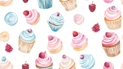 A seamless pattern featuring hand-drawn cupcakes with pastel frosting, topped with raspberries and decorative elements. Ideal for sweet-themed projects, party decor, and culinary designs.