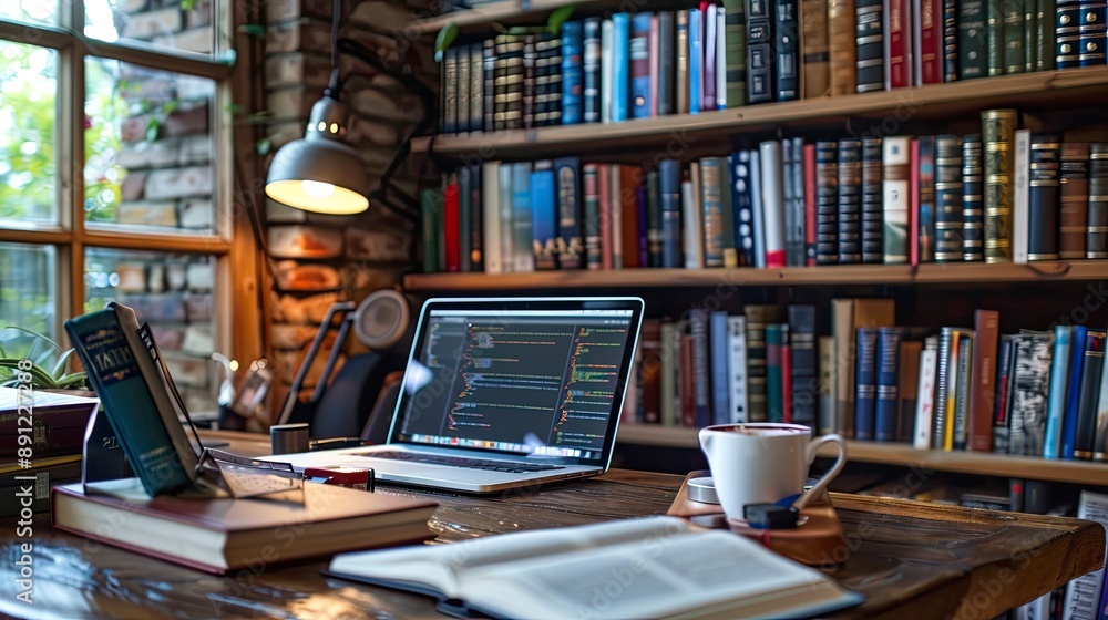 Poster a photo of a developer's desk with various coding-related books, a laptop open to a code editor, and