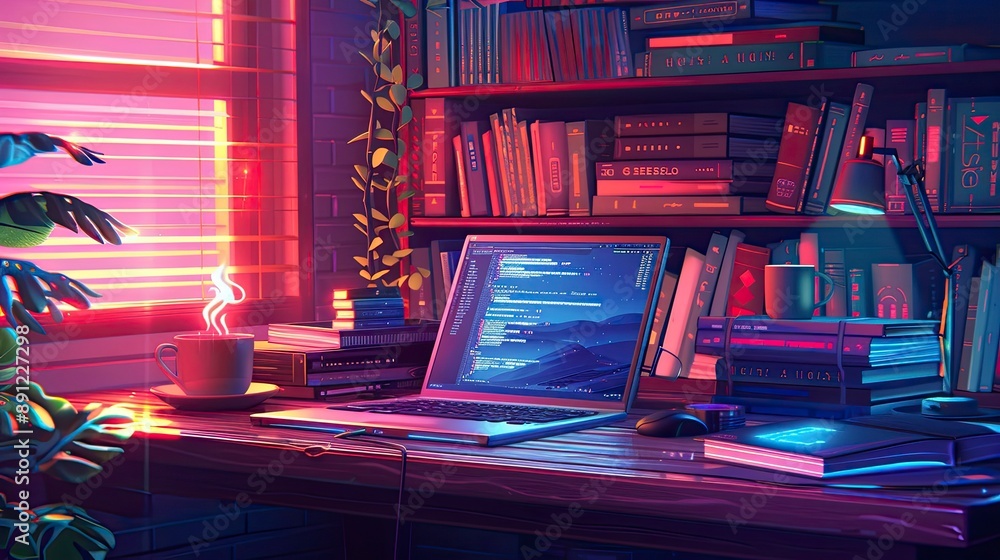 Poster a photo of a developer's desk with various coding-related books, a laptop open to a code editor, and