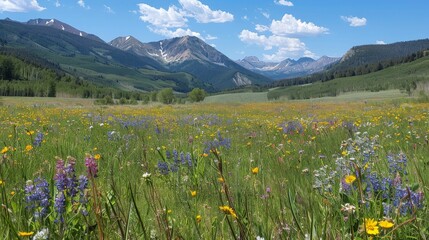 Fototapeta premium Wildflower meadow with a mountain backdrop in spring