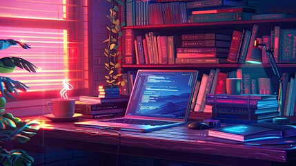 A photo of a developer's desk with various coding-related books, a laptop open to a code editor, and a cup of coffee.