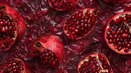 A seamless pattern featuring vibrant, hand-drawn pomegranates and seeds in rich red tones, creating a bold and exotic design. Perfect for culinary projects, backgrounds, and decorative themes.